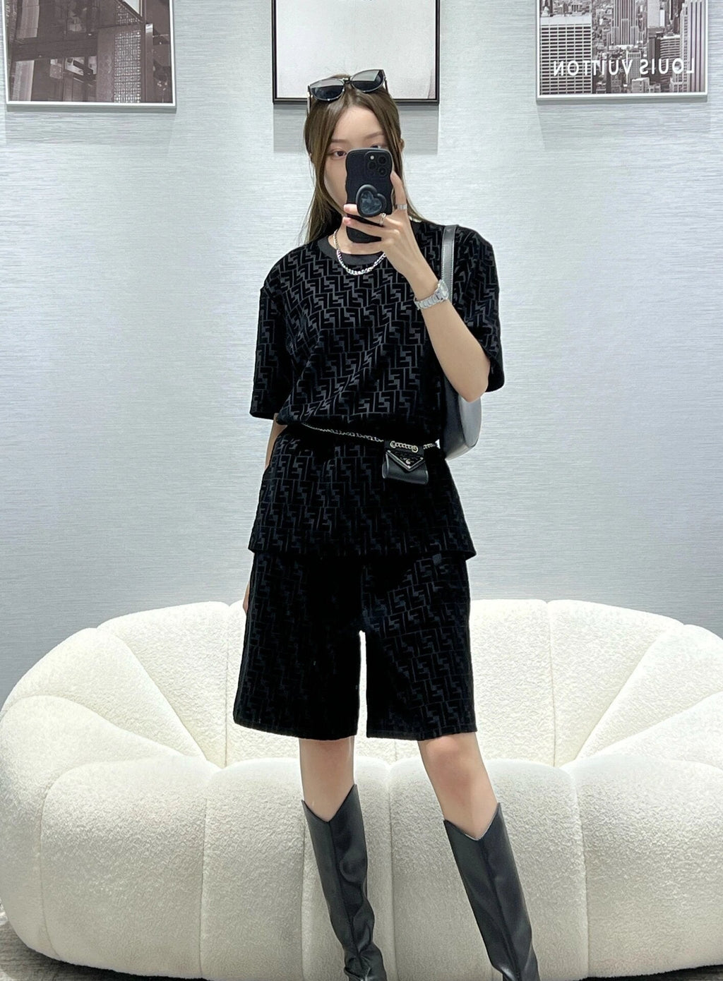 2026 New FF Black Flocked Shorts (30011-A60)