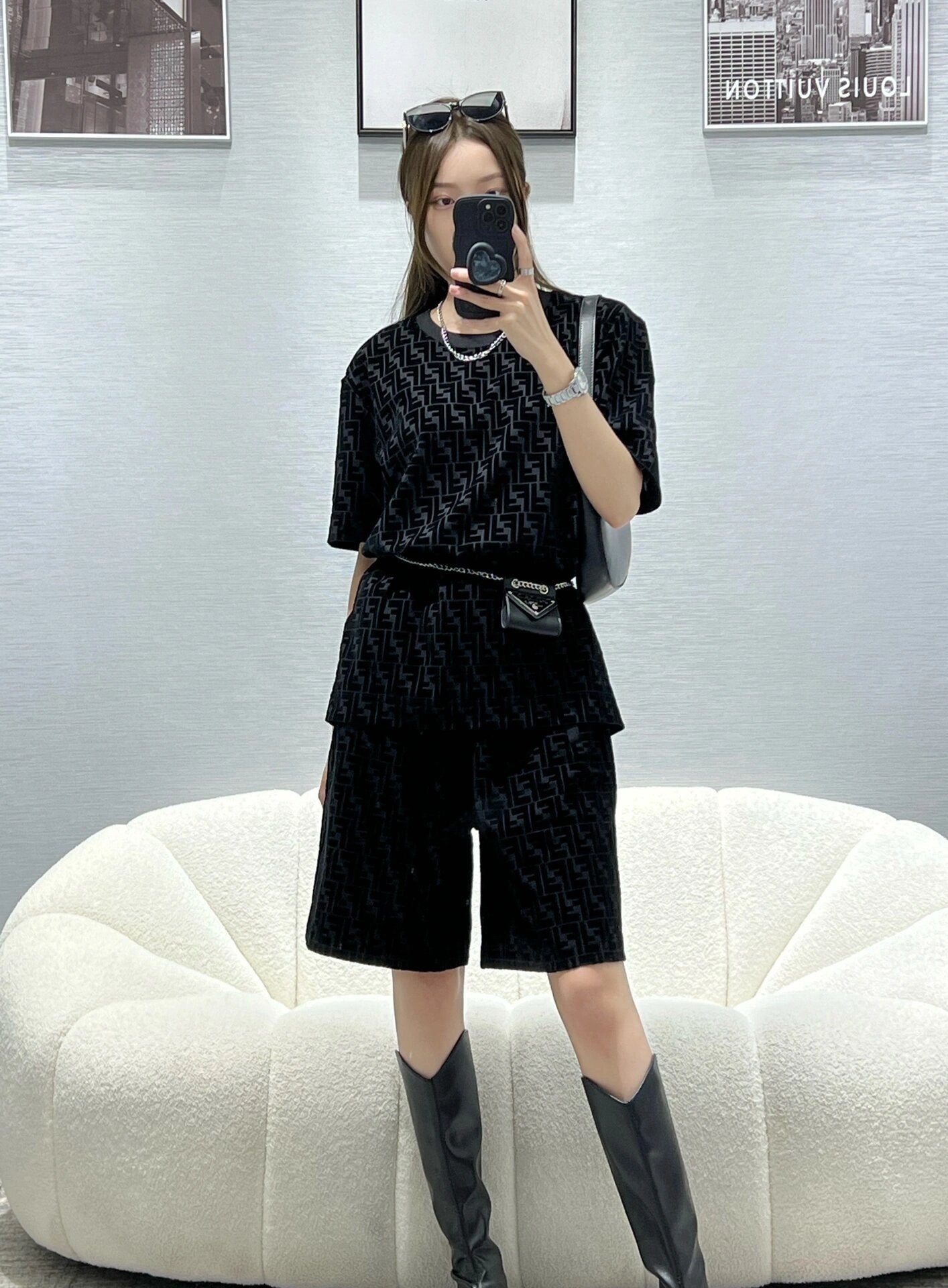 2026 New FF Black Flocked Shorts (30011-A60)