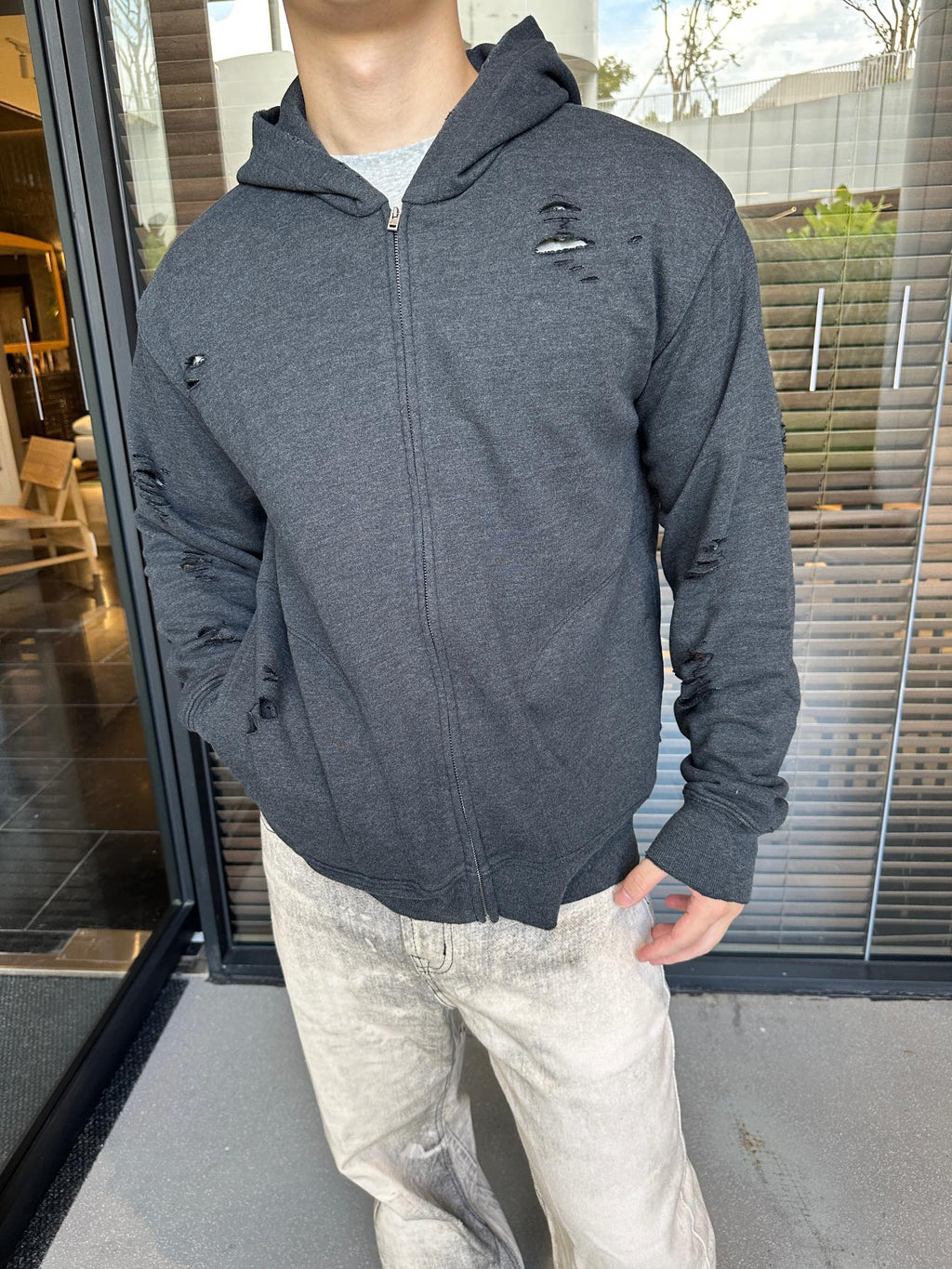2026 New Acn Distressed Logo Zip-Up Jacket with Holes (25303-B75)