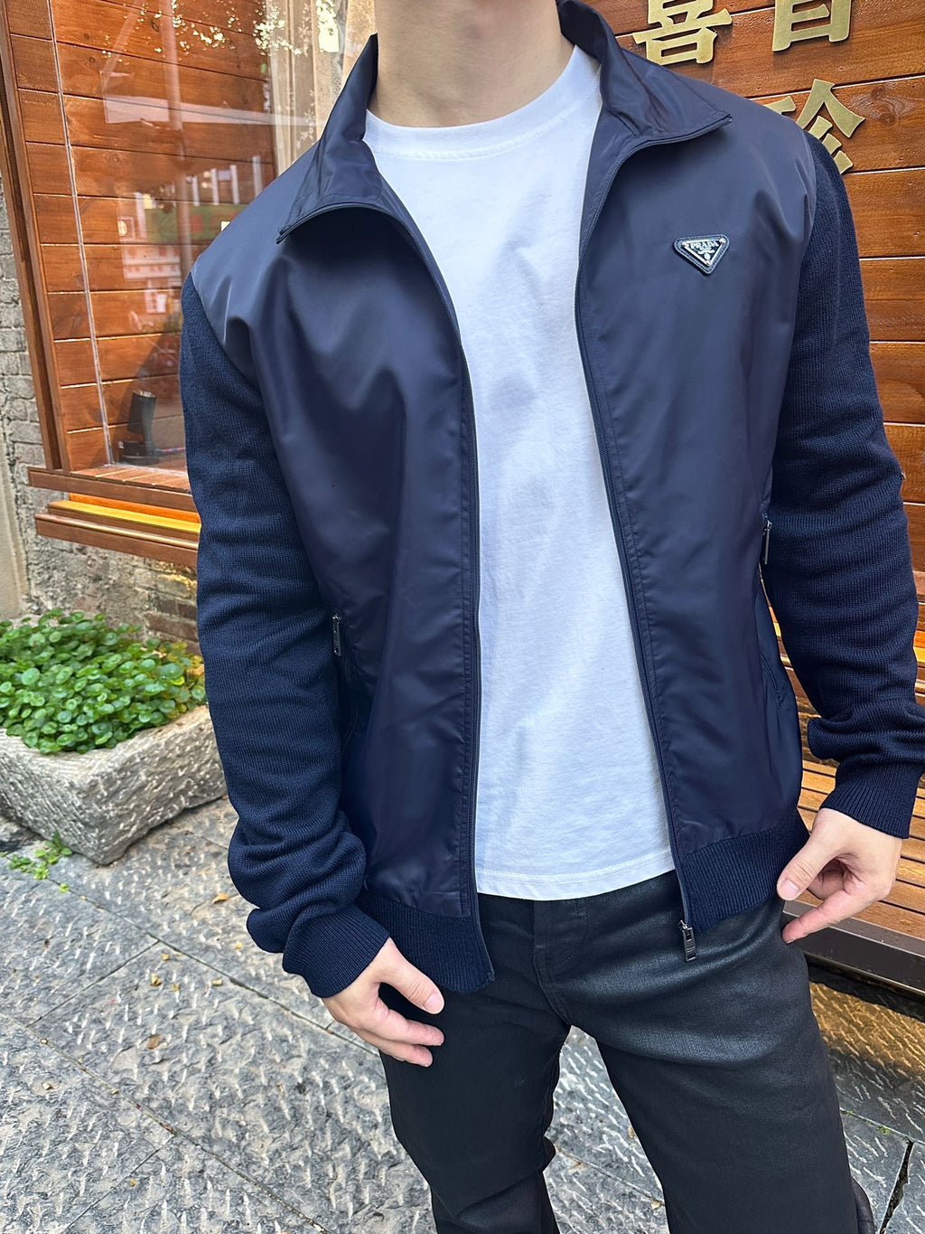 2026 New Triangle Brand Triangular Logo Knitted Patchwork Nylon Jacket (25359-B80)