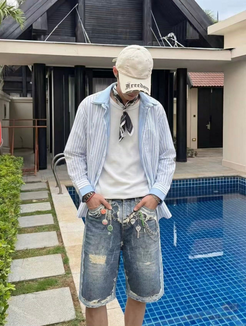 2026 New Acn Optical Illusion Print, Dyed and Distressed Denim Shorts (CC967-B45)