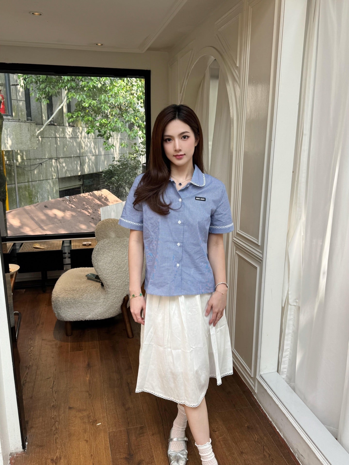 2026 Women's MM Logo Check Short-Sleeved Shirt (FF723)