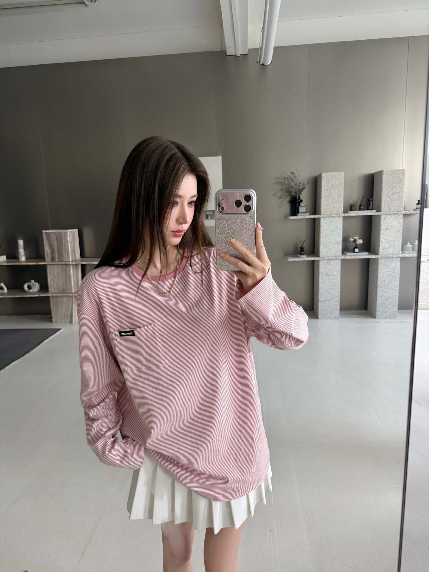 2026 Women's MM Logo Striped Long-Sleeved Shirt (FF758)