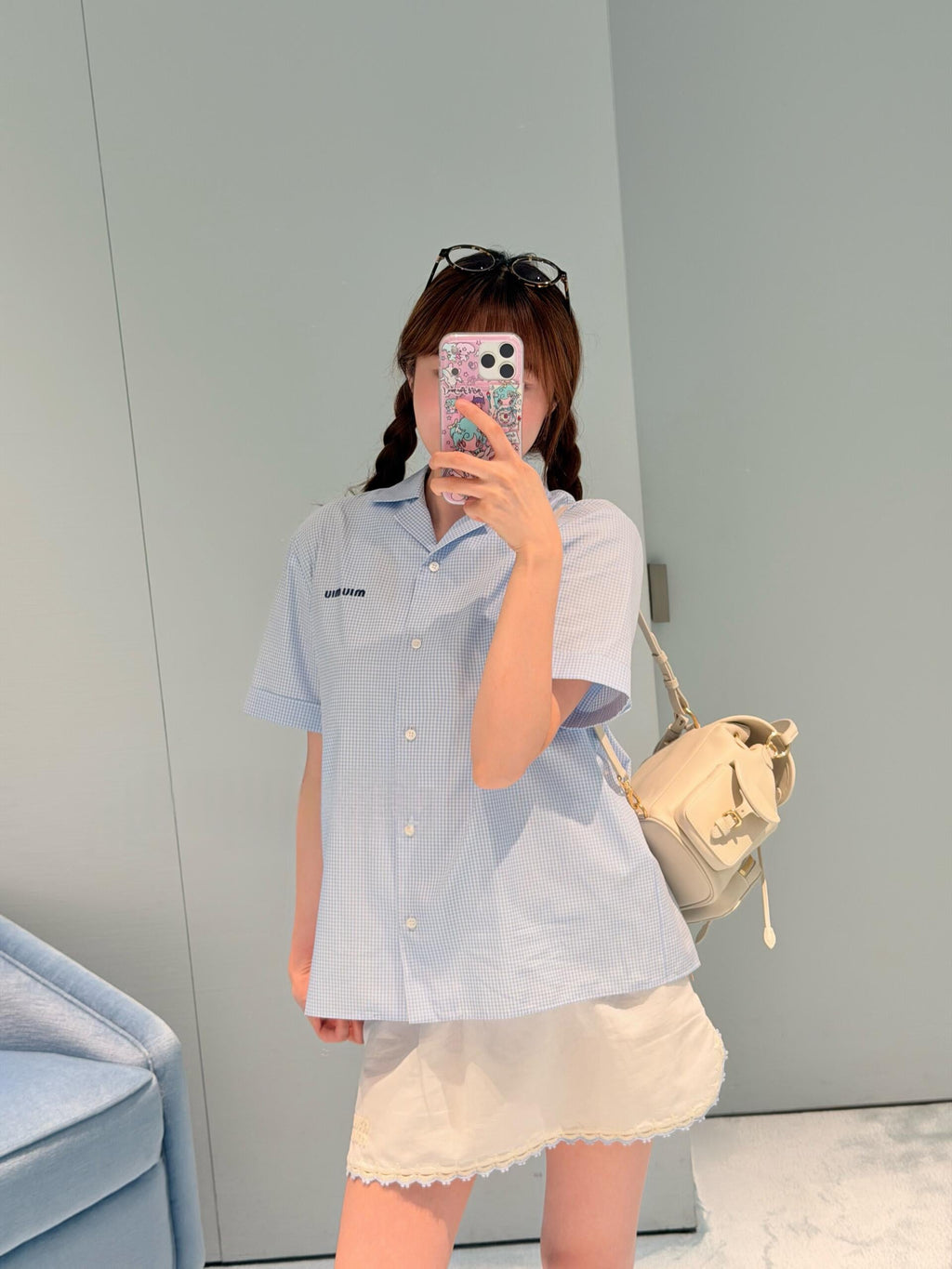 2026 Women's MM Logo Embroidered Checkered Shirt (FF773)