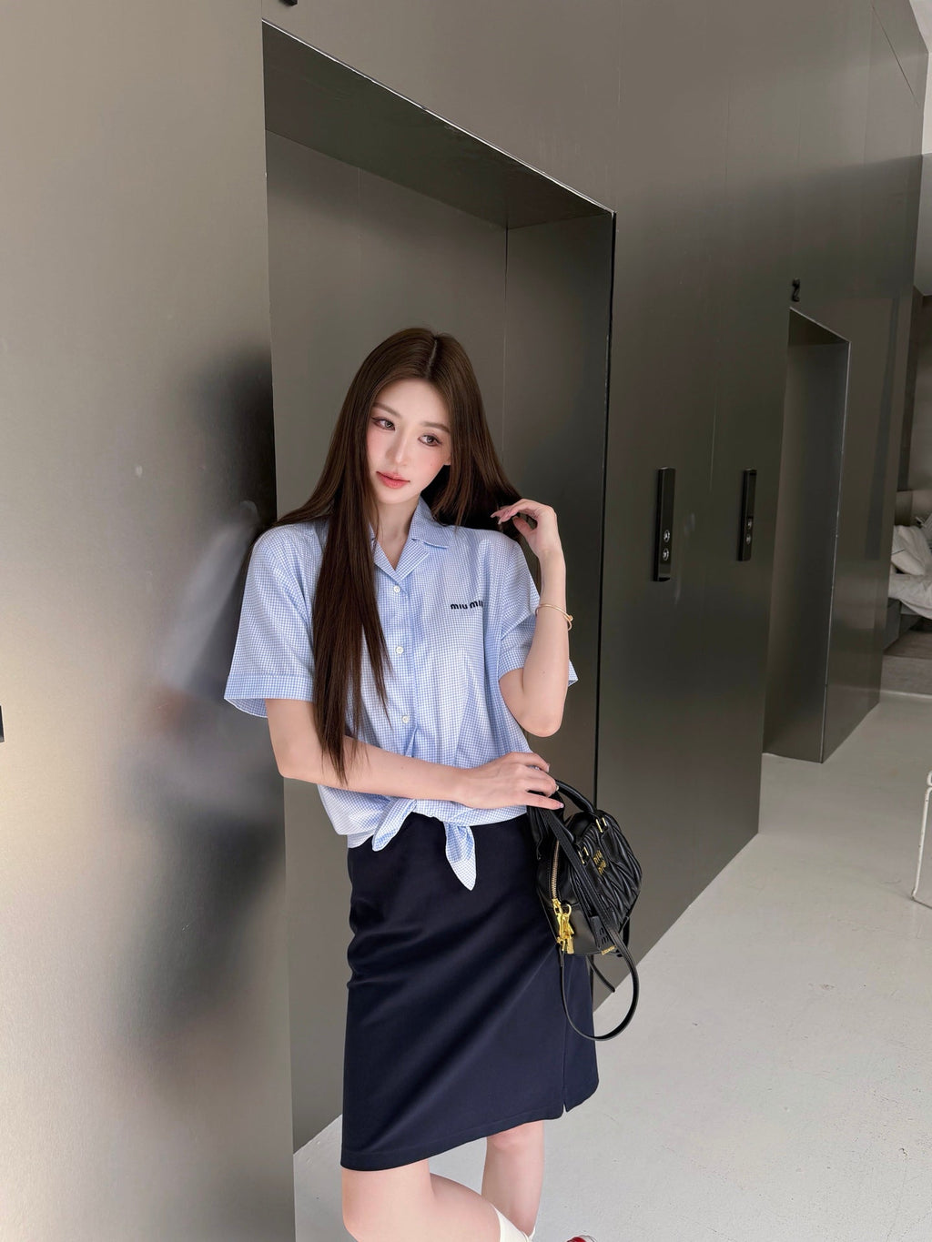 2026 Women's MM Logo Embroidered Checkered Shirt (FF773)
