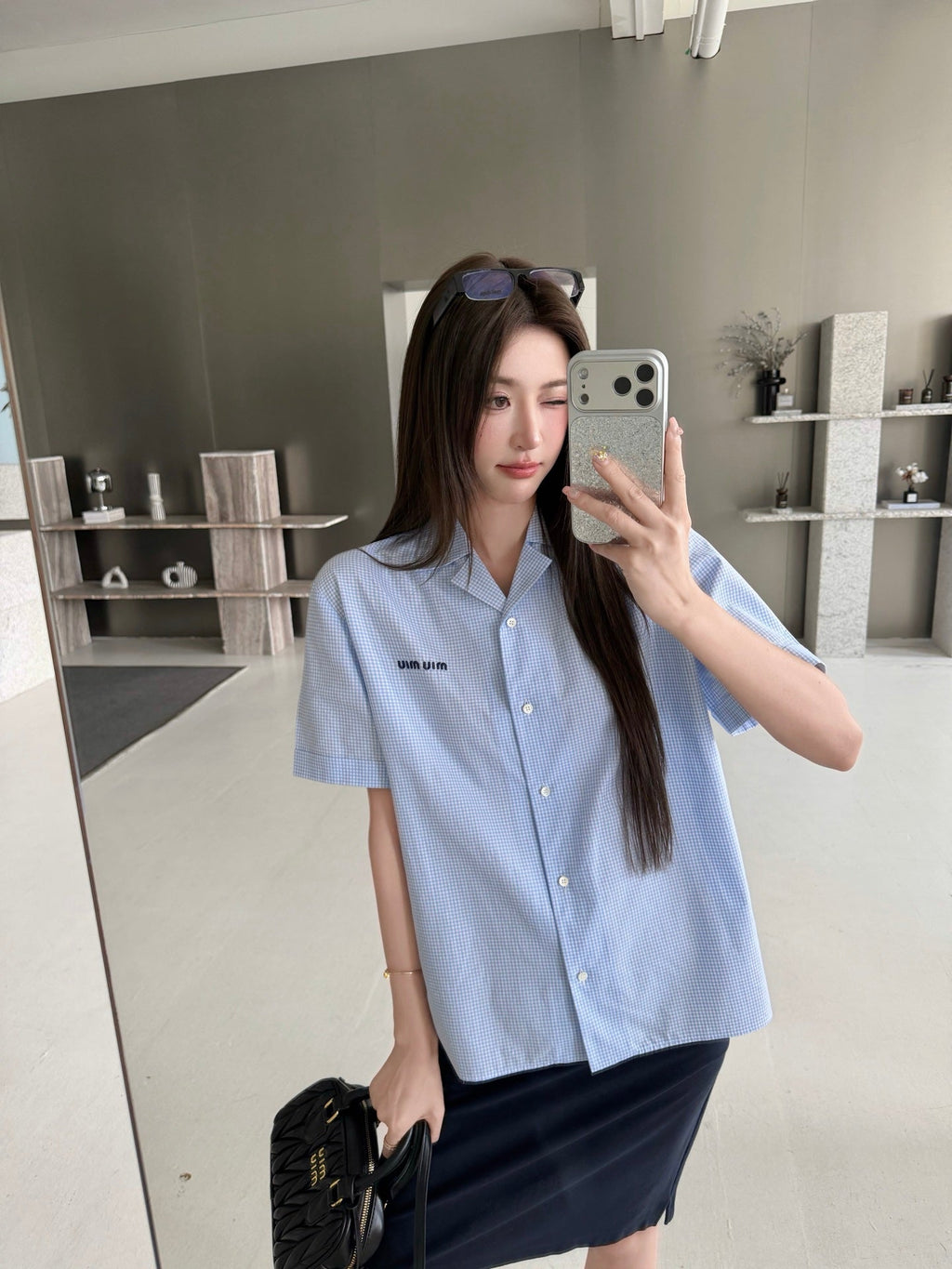 2026 Women's MM Logo Embroidered Checkered Shirt (FF773)