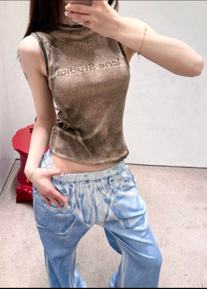 2026 Women's Acn Fake Two-Piece Logo Print Tank Top (EE442)