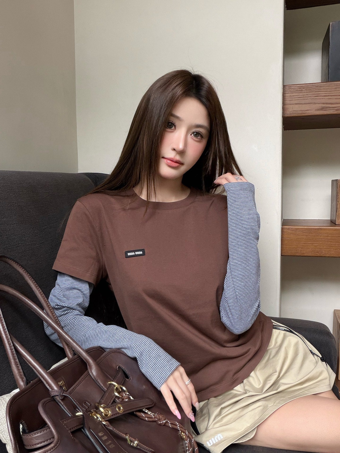 2026 Women's MM Logo Striped Fake Two-Piece Long-Sleeved (FF798)