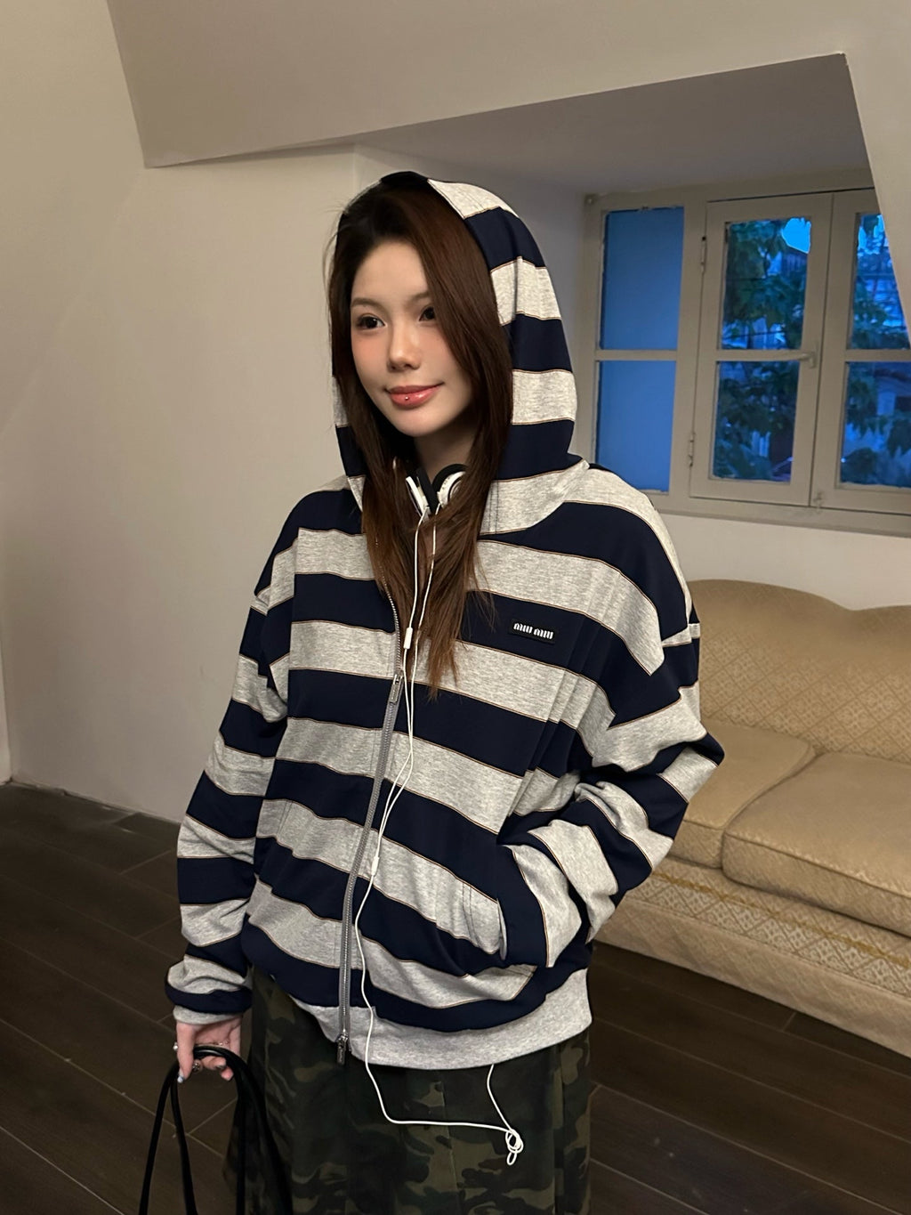 2026 Women's MM Logo Striped Hooded Coat (DD155)