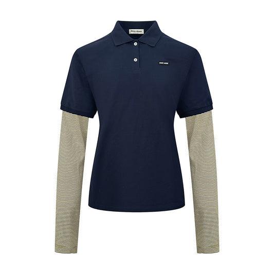 2026 Women's MM Logo Fake Two-Piece Polo Collar Long Sleeve (FF799)